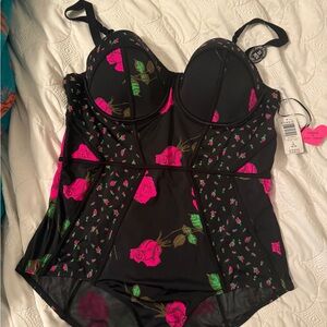 Torrid Betsey Johnson Black and Pink Floral One piece Swimsuit NWT